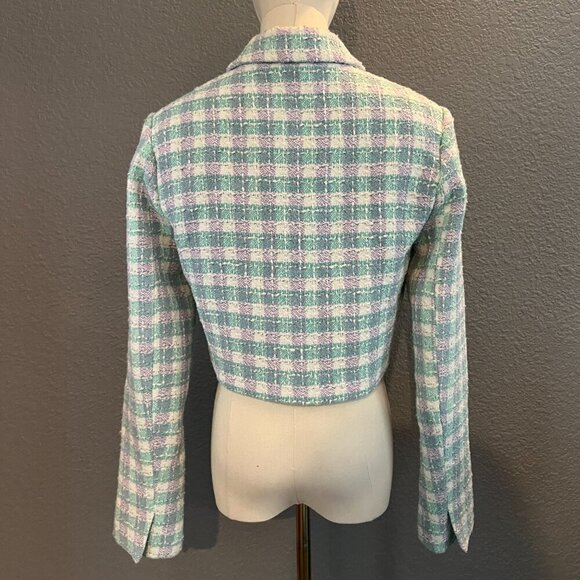 NWT ZARA Textured Plaid Cropped Blazer Jacket Bloggers Fav Turquoise & Lavender - Picture 5 of 16